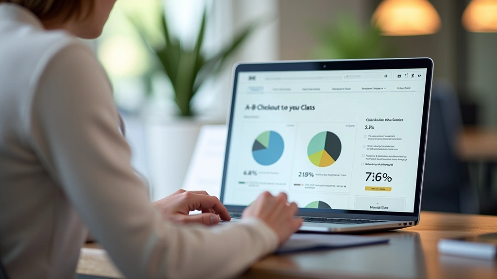 Laptop scherm toont A/B test resultaten met twee checkout varianten en conversiegrafieken