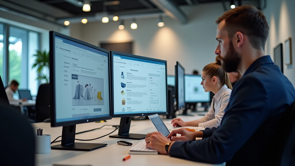 Teamleden werken samen aan e-commerce ontwerp op grote monitoren in modern kantoor